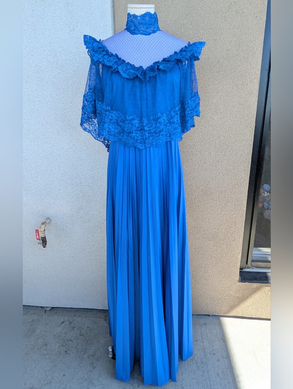 Vintage 70s Royal Blue Lace Capelet Maxi Dress Sheer Dotted Illusion Pleated